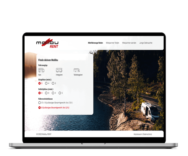 Malibu Rent Desktop-Mockup Mockup der Malibu Rent Website