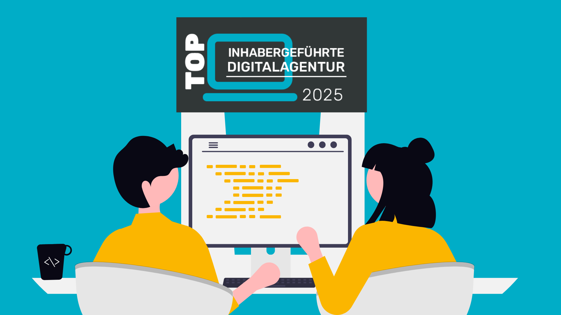 Illustration von zwei Personen vor einem Bildschirm mit Code, darüber Auszeichnung Top inhabergeführte Digitalagentur 2025 für websedit